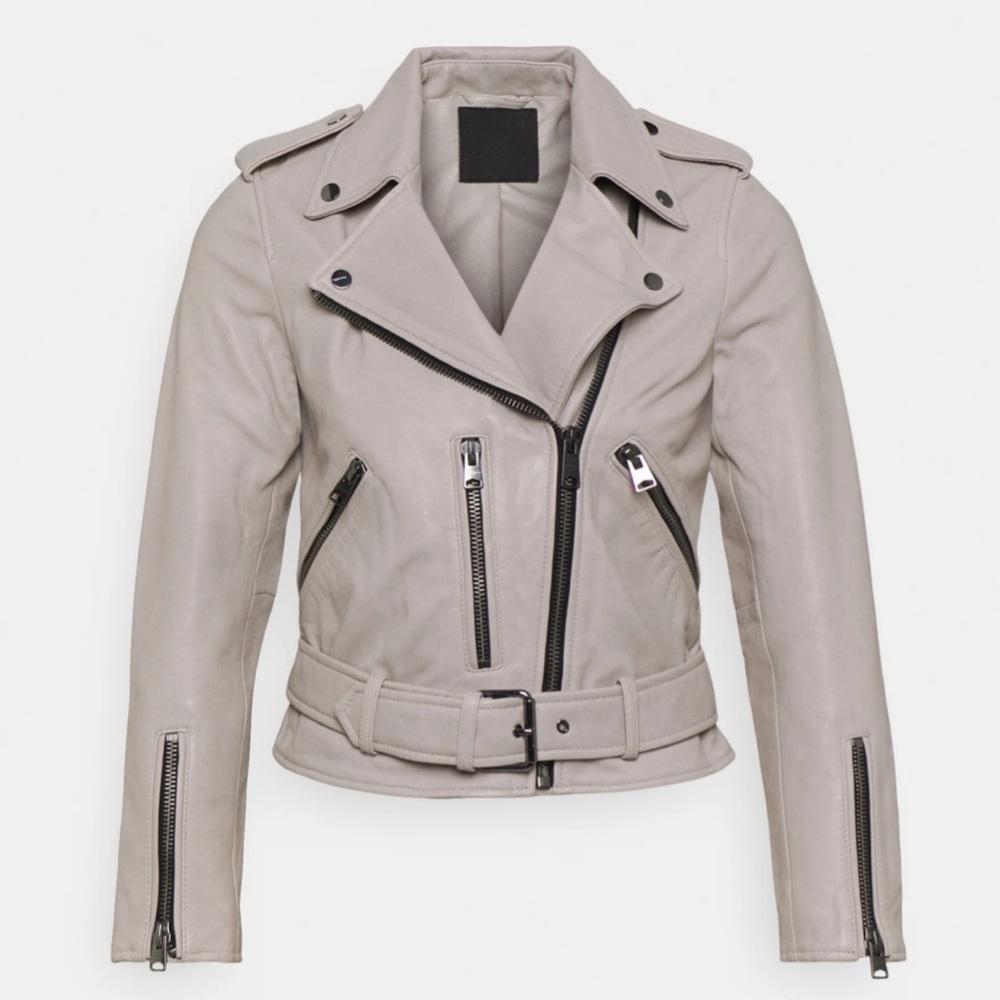 NWT All Saints leather biker / moto jacket size 6 in cement grey